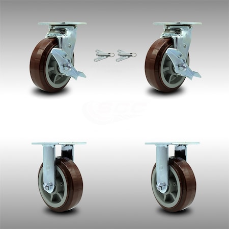 Service Caster 6 Inch Stainless Steel Polyurethane Caster Set with 2 Brakes/Swivel Lock 2 Rigid SCC-SS30S620-PPUB-TLB-BSL-2-R-2